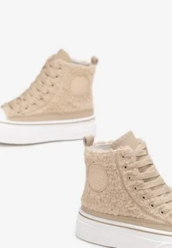 Beżowe Trampki na Grubej Podeszwie z Futerkiem Ocanille
