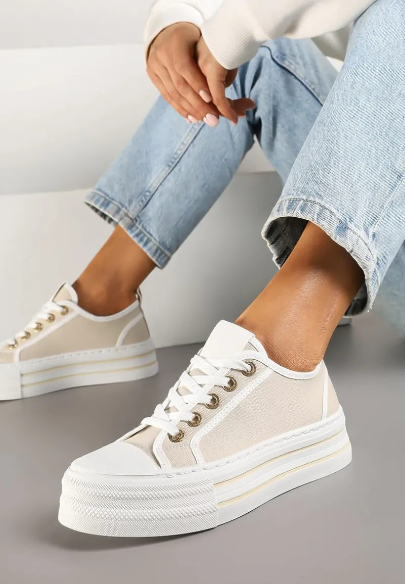 Beżowe Trampki na Niskiej Platformie Ozdobione Cyrkoniami Felelith