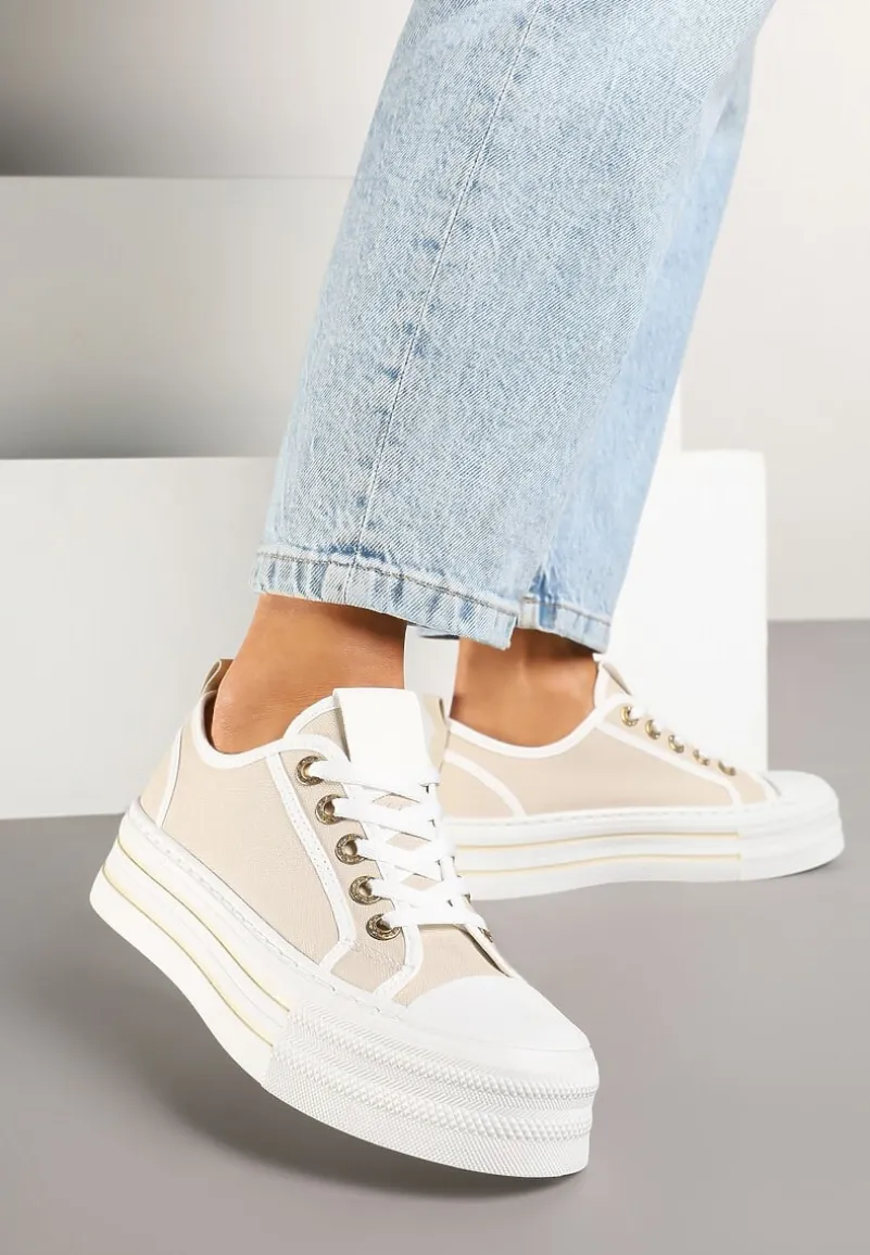 Beżowe Trampki na Niskiej Platformie Ozdobione Cyrkoniami Felelith