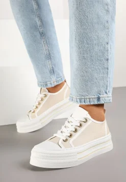 Beżowe Trampki na Niskiej Platformie Ozdobione Cyrkoniami Felelith