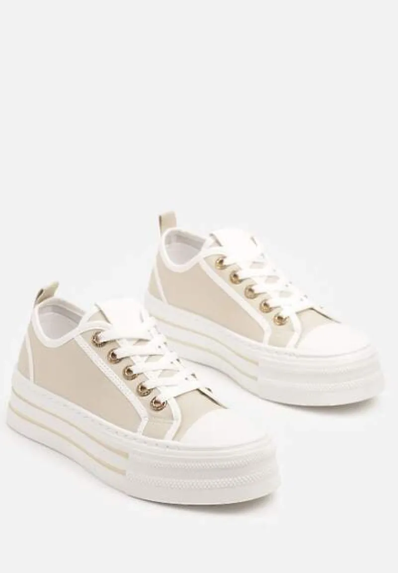 Beżowe Trampki na Niskiej Platformie Ozdobione Cyrkoniami Felelith