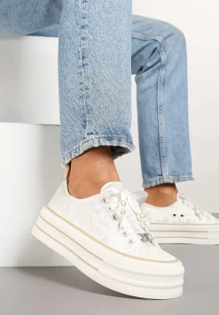 Beżowe Trampki na Platformie Ozdobione Perełkami Yasami