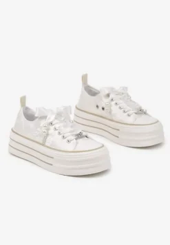 Beżowe Trampki na Platformie Ozdobione Perełkami Yasami