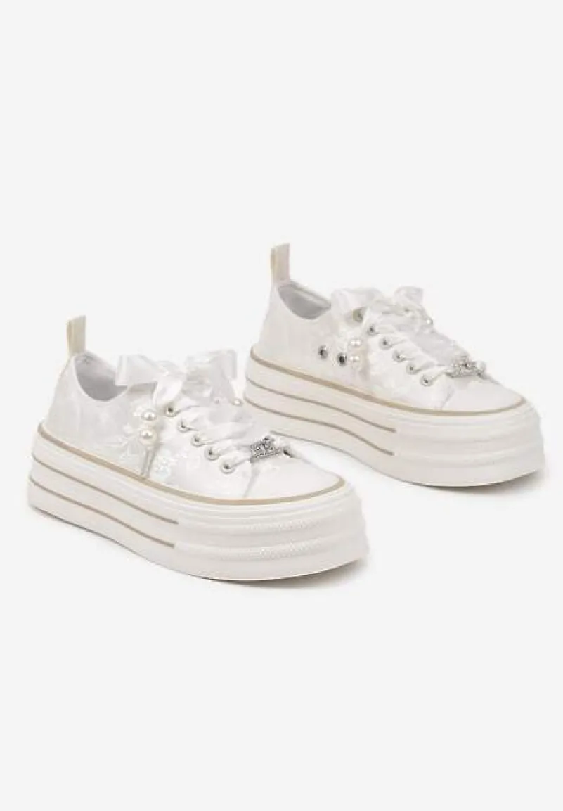 Beżowe Trampki na Platformie Ozdobione Perełkami Yasami