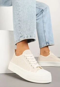 Beżowe Trampki na Platformie Ozdobione Plecionką Ronliera