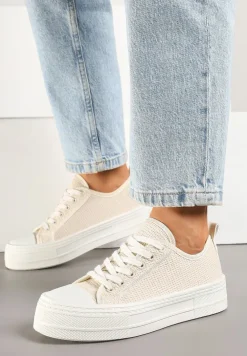 Beżowe Trampki na Platformie Ozdobione Plecionką Ronliera