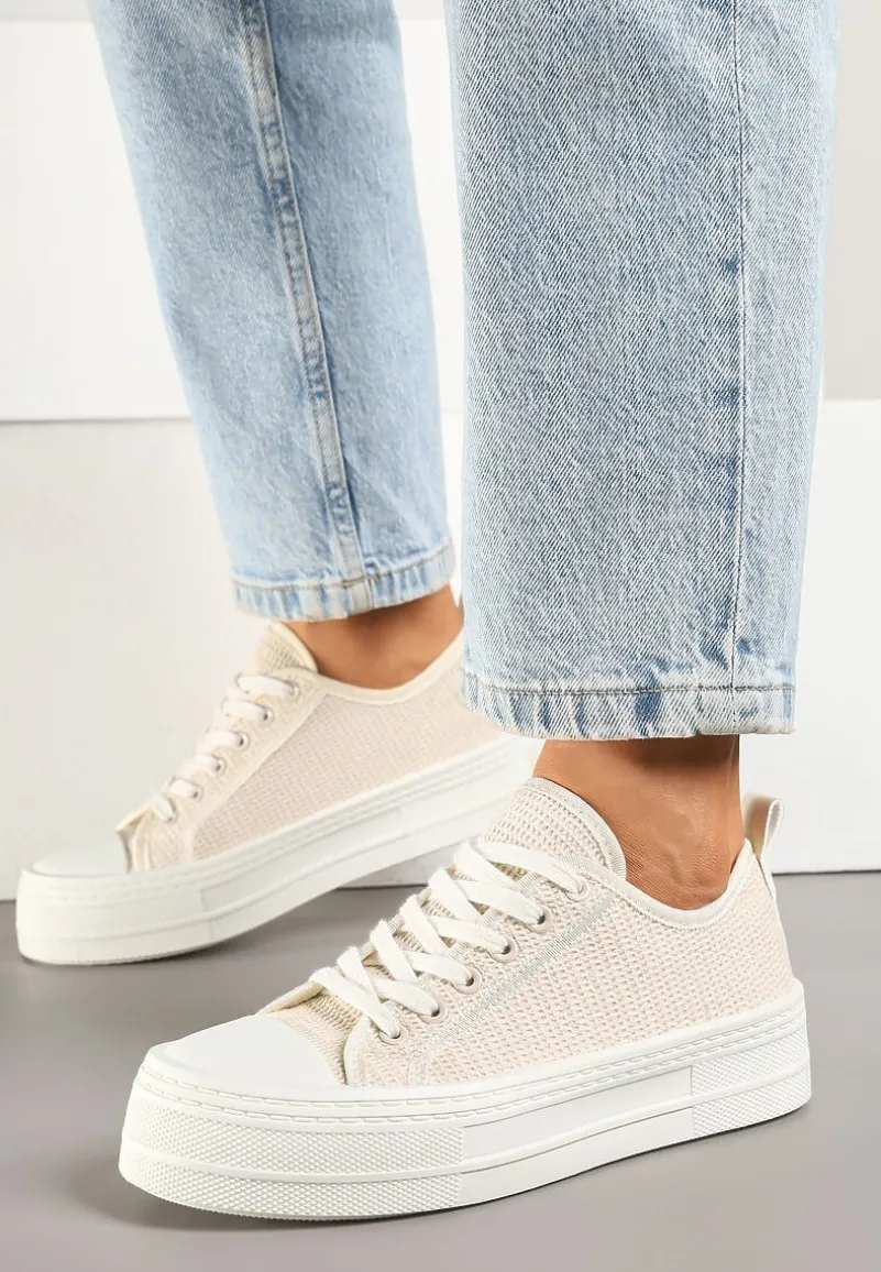 Beżowe Trampki na Platformie Ozdobione Plecionką Ronliera