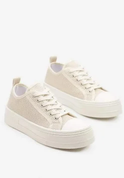 Beżowe Trampki na Platformie Ozdobione Plecionką Ronliera