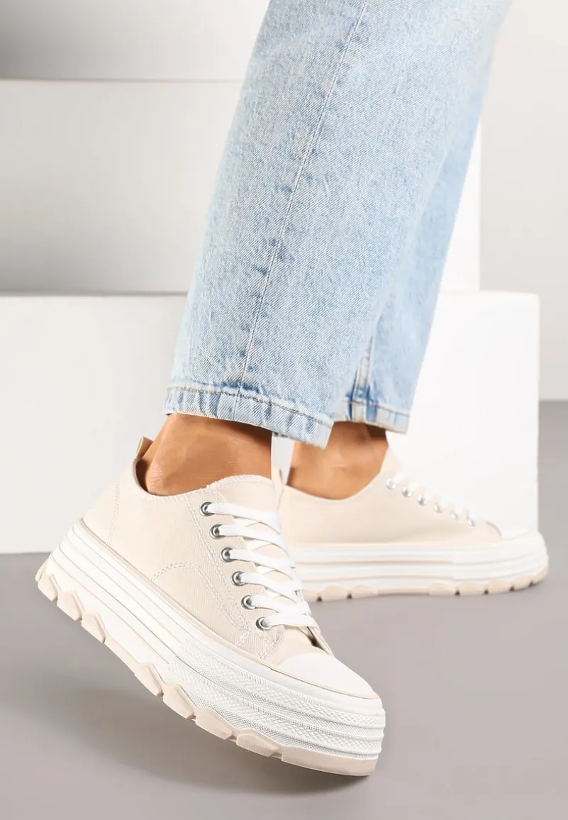 Beżowe Trampki na Platformie z Paskami i Niską Cholewką Zienelle