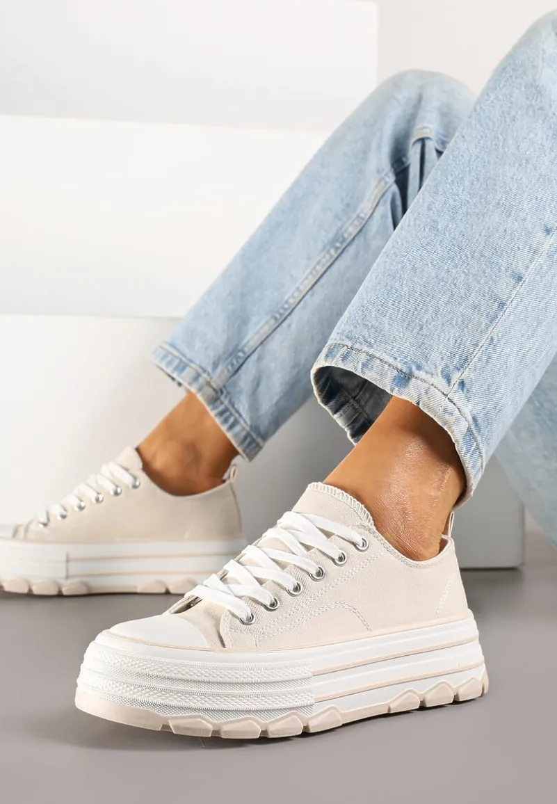 Beżowe Trampki na Platformie z Paskami i Niską Cholewką Zienelle