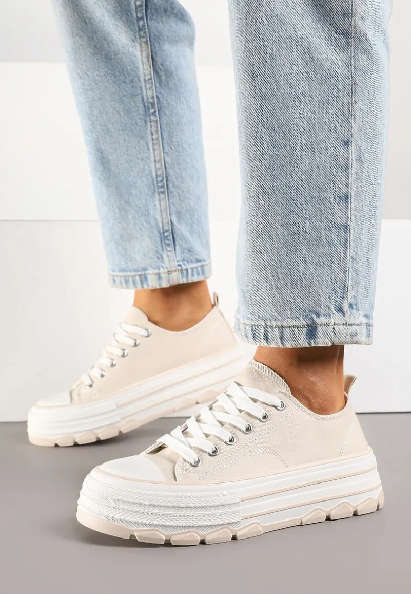 Beżowe Trampki na Platformie z Paskami i Niską Cholewką Zienelle