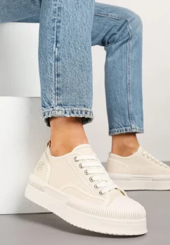 Beżowe Trampki na Platformie z Metaliczną Ozdobą Afleeria