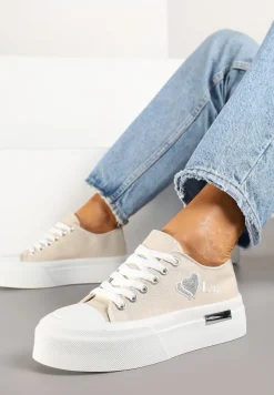 Beżowe Trampki na Platformie z Ozdobnym Napisem i Sercem Laviere