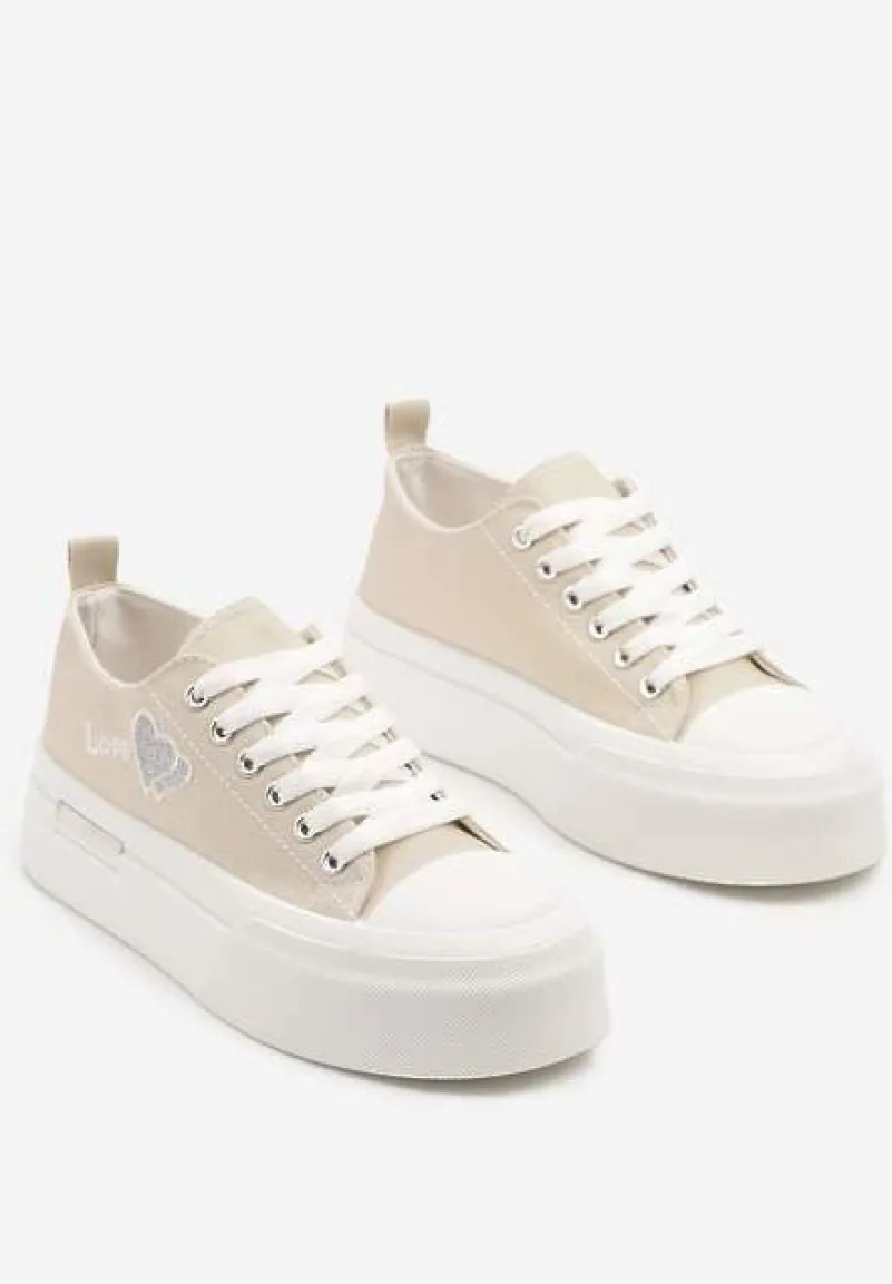 Beżowe Trampki na Platformie z Ozdobnym Napisem i Sercem Laviere