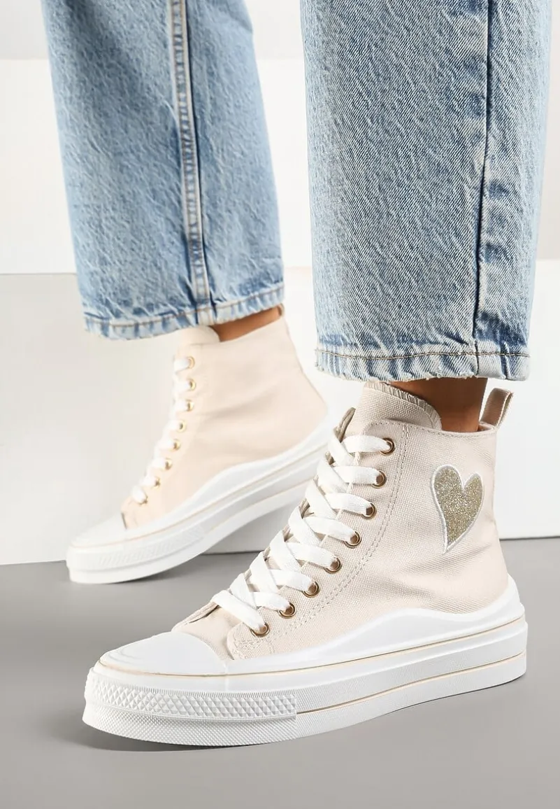 Beżowe Trampki na Platformie z Serduszkiem za Kostkę Ellista