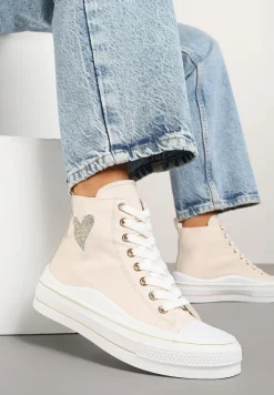 Beżowe Trampki na Platformie z Serduszkiem za Kostkę Ellista