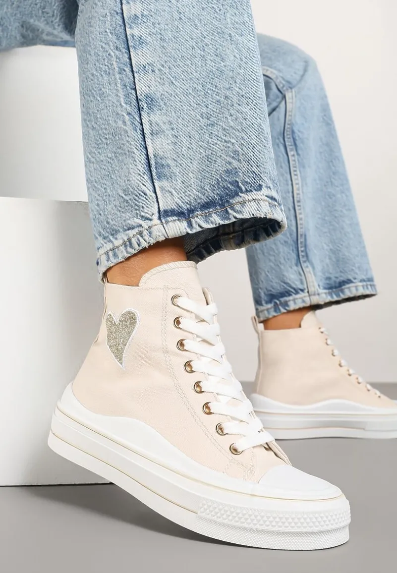 Beżowe Trampki na Platformie z Serduszkiem za Kostkę Ellista