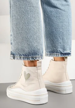 Beżowe Trampki na Platformie z Serduszkiem za Kostkę Ellista