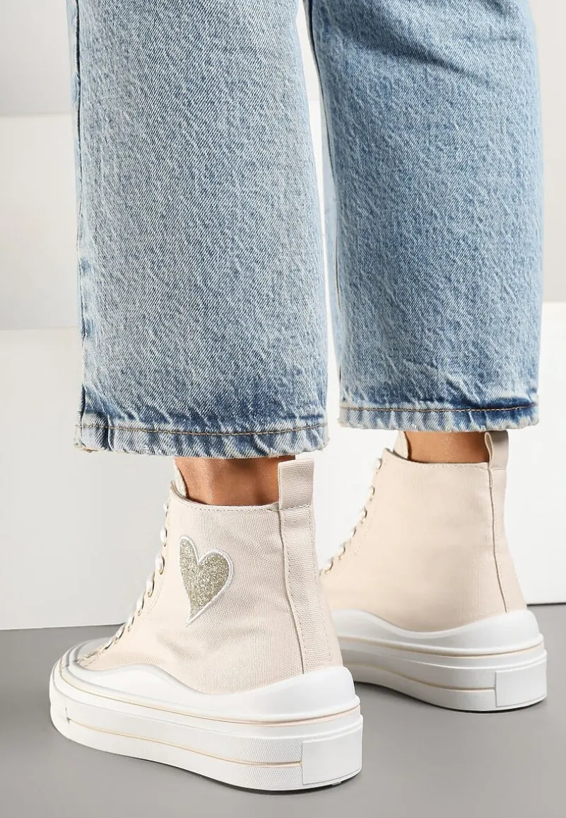 Beżowe Trampki na Platformie z Serduszkiem za Kostkę Ellista