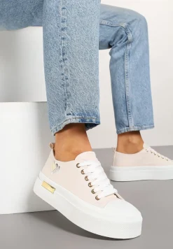 Beżowe Trampki na Platformie z Metalicznymi Sercami Florvila