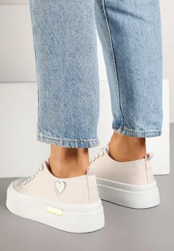 Beżowe Trampki na Platformie z Metalicznymi Sercami Florvila
