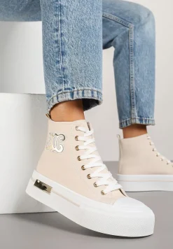 Beżowe Trampki na Platformie z Wysoką Cholewką i Naszywką Nurissea