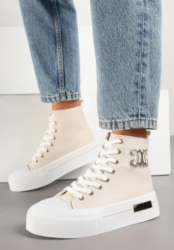 Beżowe Trampki na Platformie z Wysoką Cholewką i Naszywką Nurissea