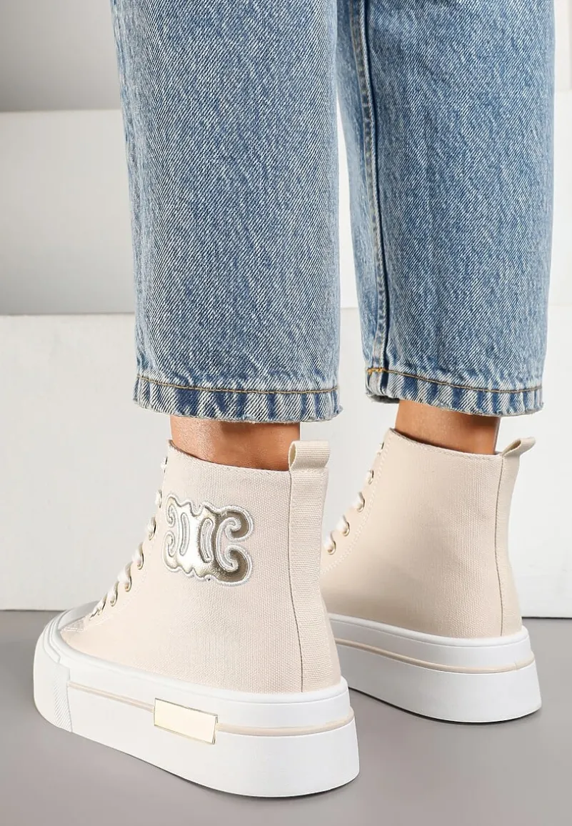 Beżowe Trampki na Platformie z Wysoką Cholewką i Naszywką Nurissea