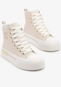 Beżowe Trampki na Platformie z Wysoką Cholewką i Naszywką Nurissea