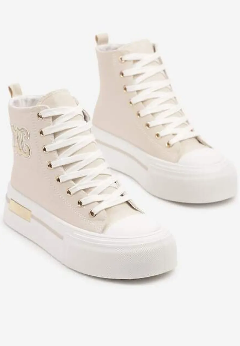 Beżowe Trampki na Platformie z Wysoką Cholewką i Naszywką Nurissea