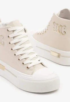 Beżowe Trampki na Platformie z Wysoką Cholewką i Naszywką Nurissea