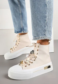 Beżowe Trampki na Platformie z Wysoką Cholewką Ozdobione Cyrkoniami Fenvisa