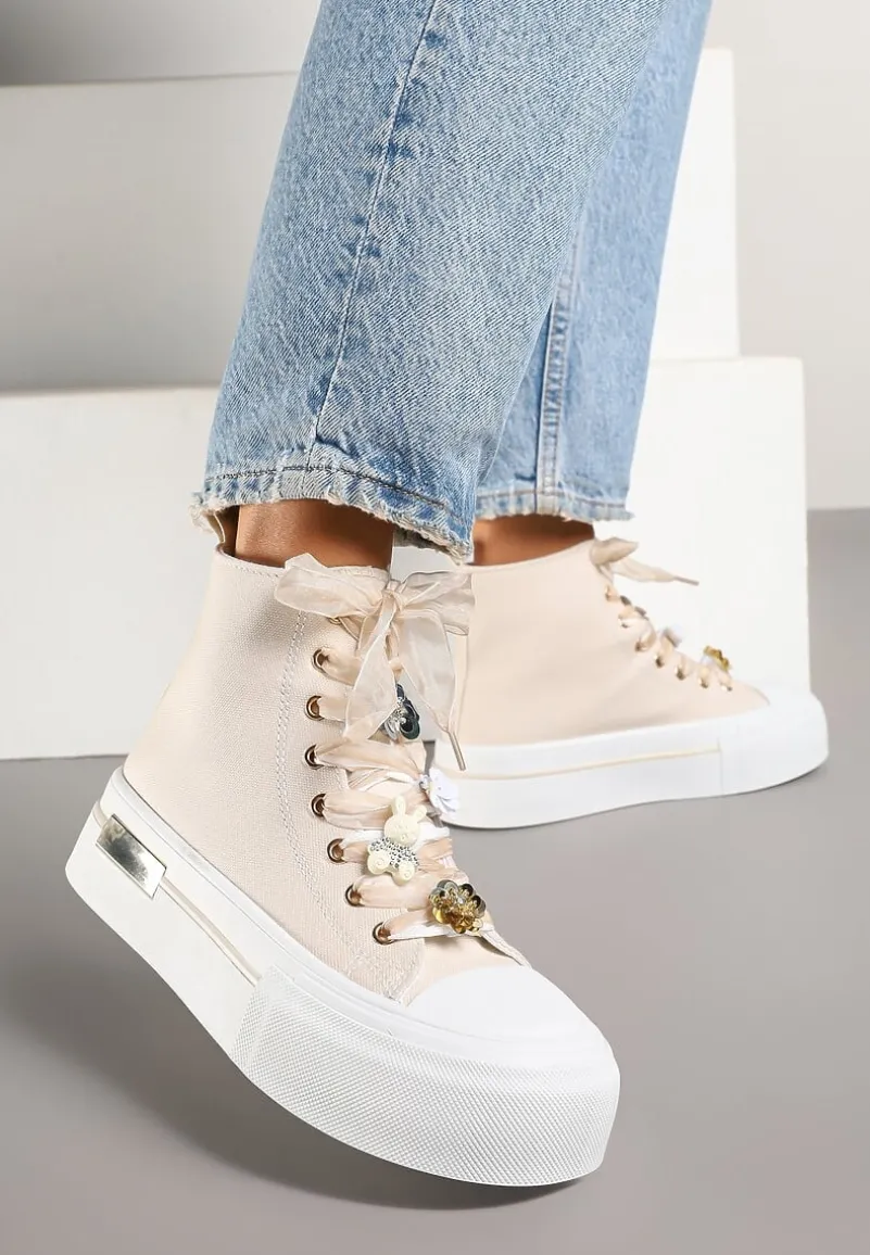 Beżowe Trampki na Platformie z Wysoką Cholewką Ozdobione Cyrkoniami Fenvisa