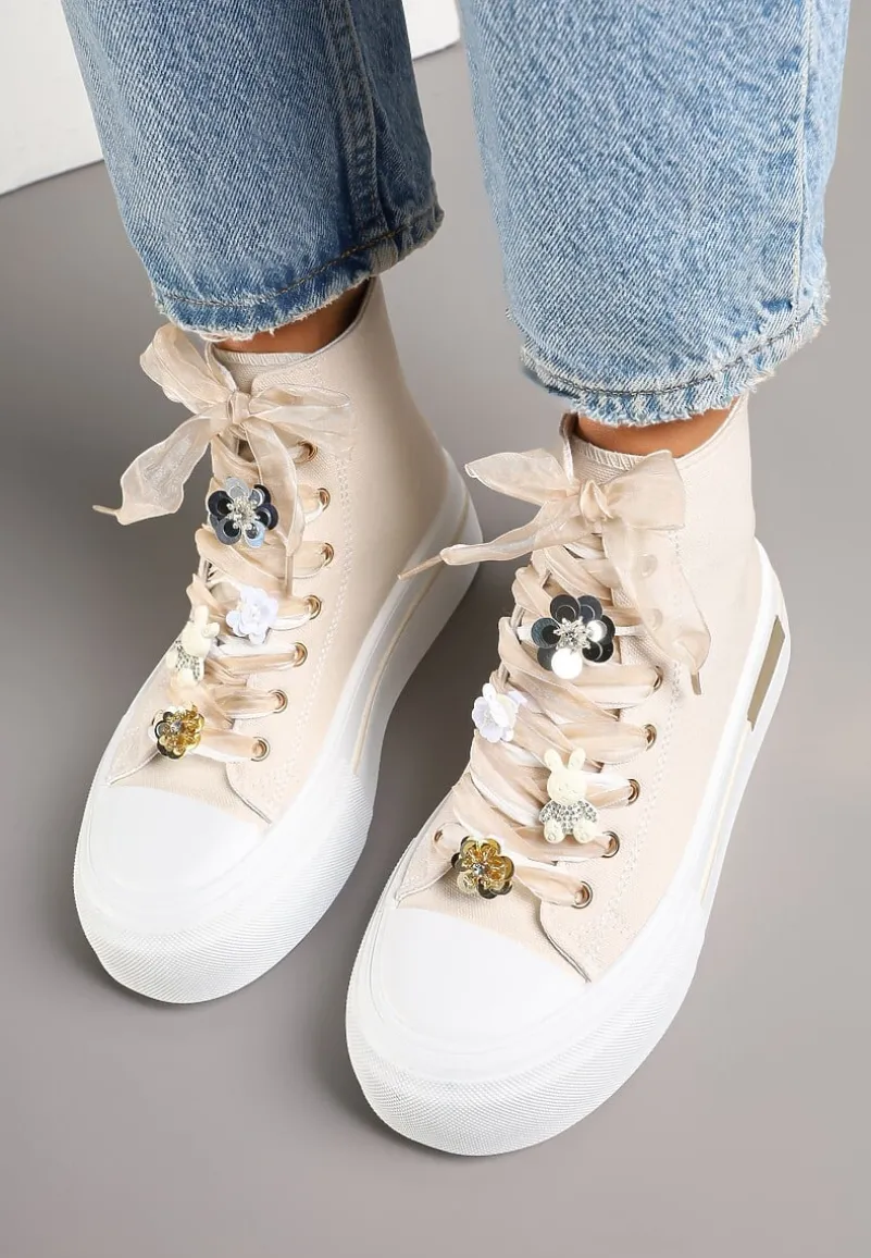 Beżowe Trampki na Platformie z Wysoką Cholewką Ozdobione Cyrkoniami Fenvisa