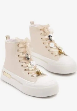 Beżowe Trampki na Platformie z Wysoką Cholewką Ozdobione Cyrkoniami Fenvisa