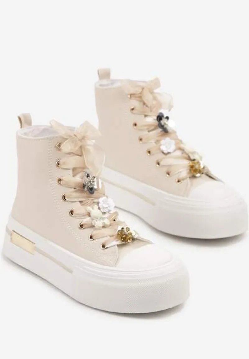 Beżowe Trampki na Platformie z Wysoką Cholewką Ozdobione Cyrkoniami Fenvisa
