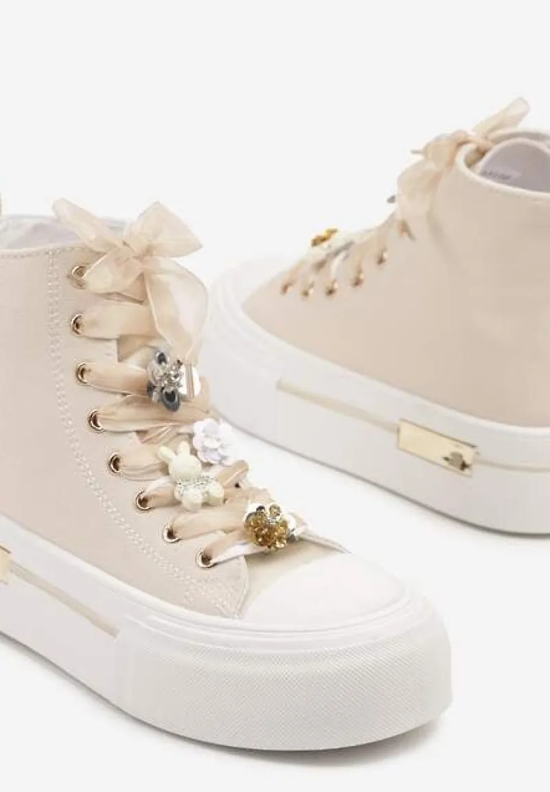 Beżowe Trampki na Platformie z Wysoką Cholewką Ozdobione Cyrkoniami Fenvisa