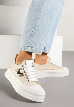 Beżowe Trampki na Platformie Ozdobione Metaliczną Aplikacją Telanoreta