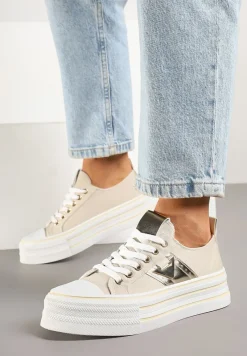 Beżowe Trampki na Platformie Ozdobione Metaliczną Aplikacją Telanoreta