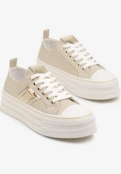 Beżowe Trampki na Platformie Ozdobione Metaliczną Aplikacją Telanoreta