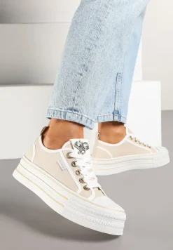 Beżowe Trampki na Platformie z Biżuteryjną Aplikacją Flortewis