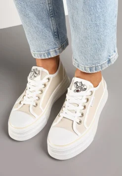 Beżowe Trampki na Platformie z Biżuteryjną Aplikacją Flortewis