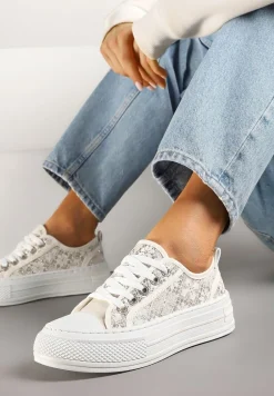 Beżowe Trampki na Platformie z Niską Cholewką i Koronką Jenalora