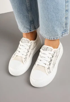 Beżowe Trampki na Platformie z Niską Cholewką i Koronką Jenalora