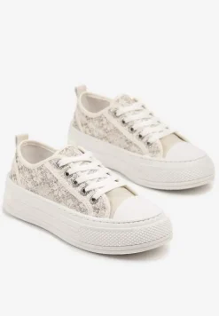 Beżowe Trampki na Platformie z Niską Cholewką i Koronką Jenalora