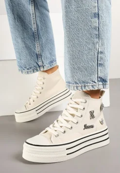 Beżowe Trampki na Platformie Ozdobione Metalicznymi Aplikacjami Jalzedis