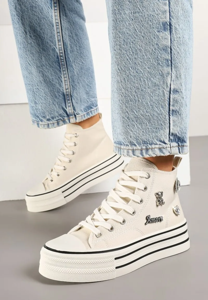 Beżowe Trampki na Platformie Ozdobione Metalicznymi Aplikacjami Jalzedis