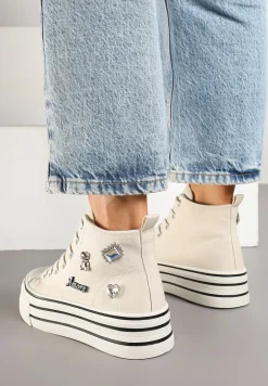 Beżowe Trampki na Platformie Ozdobione Metalicznymi Aplikacjami Jalzedis