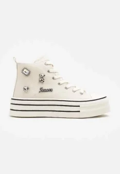 Beżowe Trampki na Platformie Ozdobione Metalicznymi Aplikacjami Jalzedis