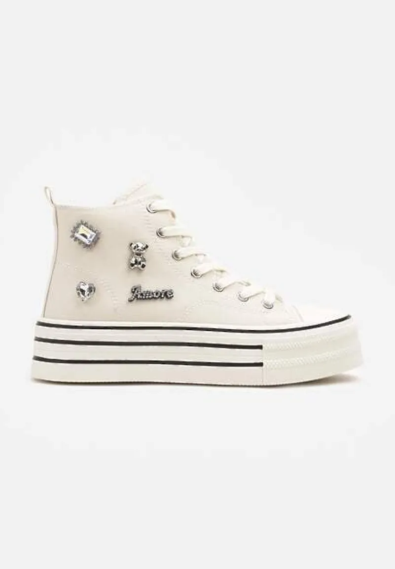 Beżowe Trampki na Platformie Ozdobione Metalicznymi Aplikacjami Jalzedis